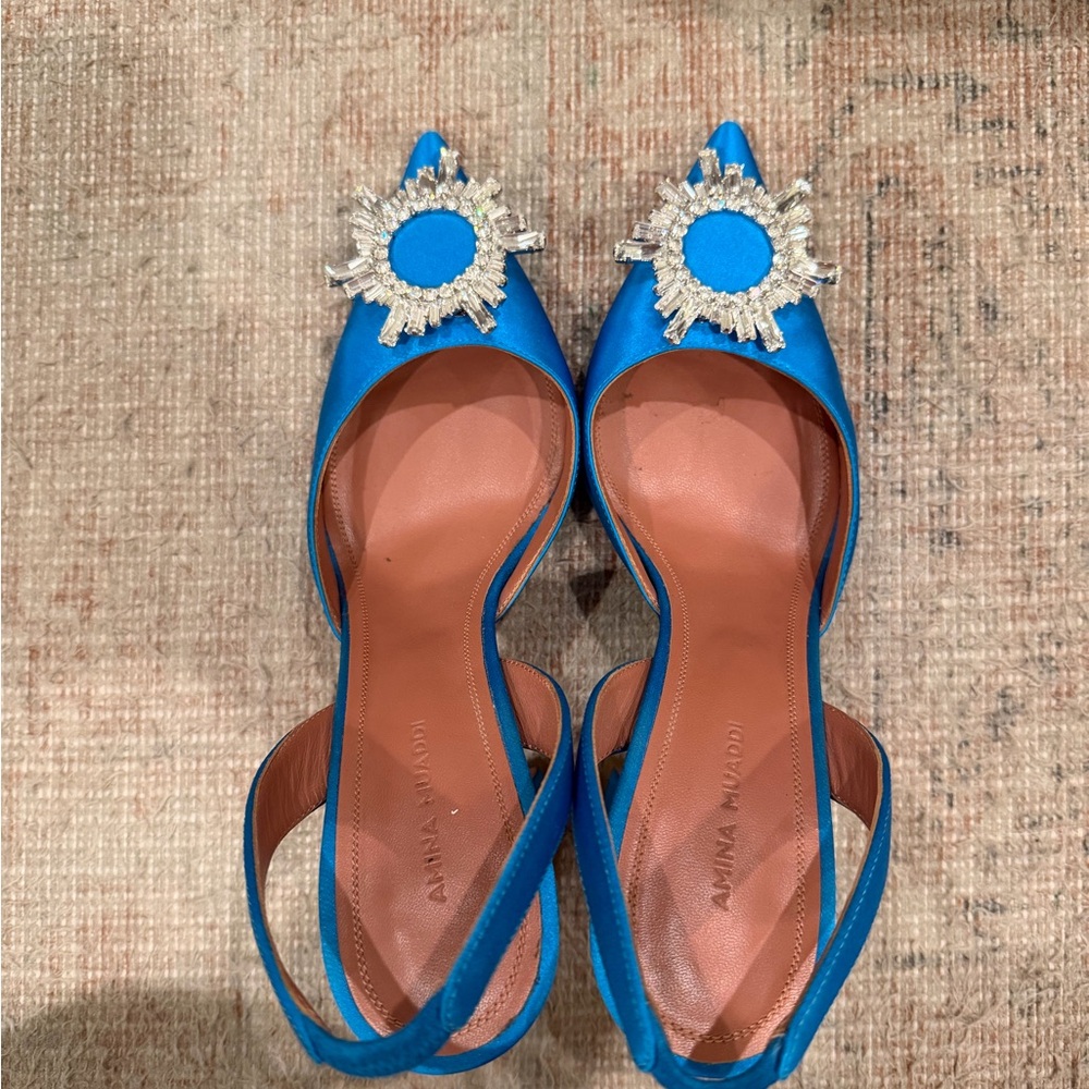 Amina Muaddi Vibrant Blue Embellished Heels - Picture 2 of 8
